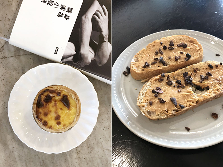 Tasty bites: Portuguese egg tarts (left), a nod to Melaka’s colonial past and sourdough slices with peanut butter and cacao nibs from Seniman Kakao (right)