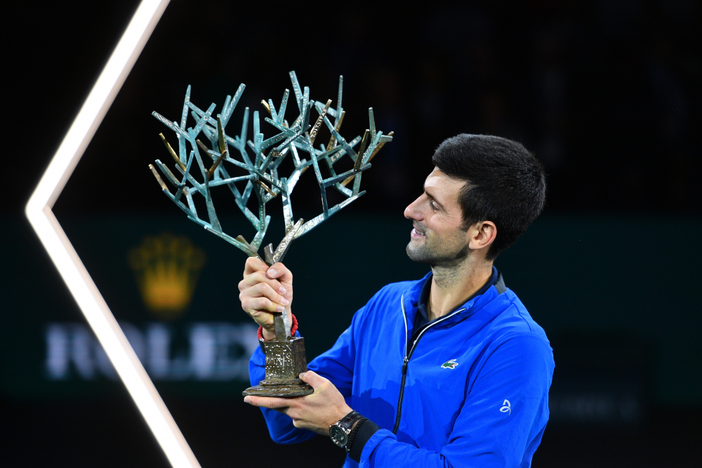 Novak Djokovic with his trophy after winning against Canadau00e2u20acu2122s Denis Shapovalov during their menu00e2u20acu2122s singles final tennis match at the ATP World Tour Masters 1000 indoor tennis tournament at The AccorHotels Arena in Paris November 3, 2019. u00e2u20acu201d AFP pic 