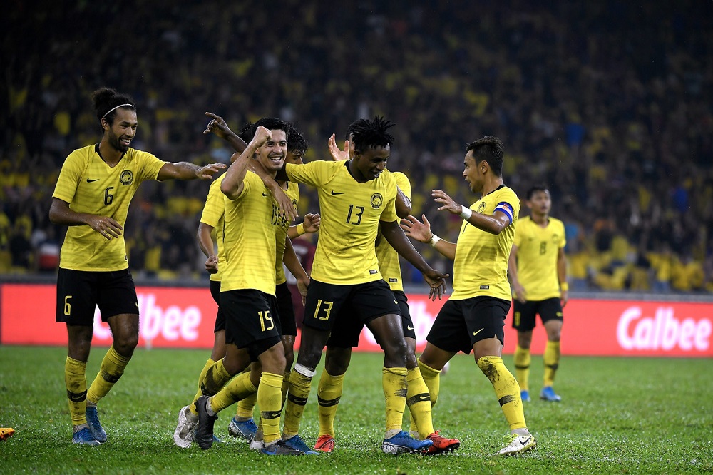 Harimau Malaya players celebrate their victory after the match against Thailand at the Bukit Jalil Stadium in Kuala Lumpur November 14, 2019. u00e2u20acu201d Bernama pic