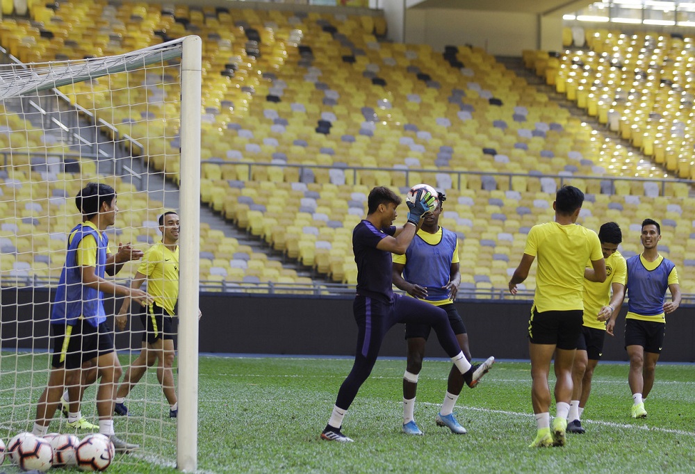 Harimau Malaya players are seen during their practice session ahead of their World Cup 2022/Asian Cup 2023 qualifier match against Indonesia at the Bukit Jalil stadium November 18, 2019. u00e2u20acu201d Bernama pic