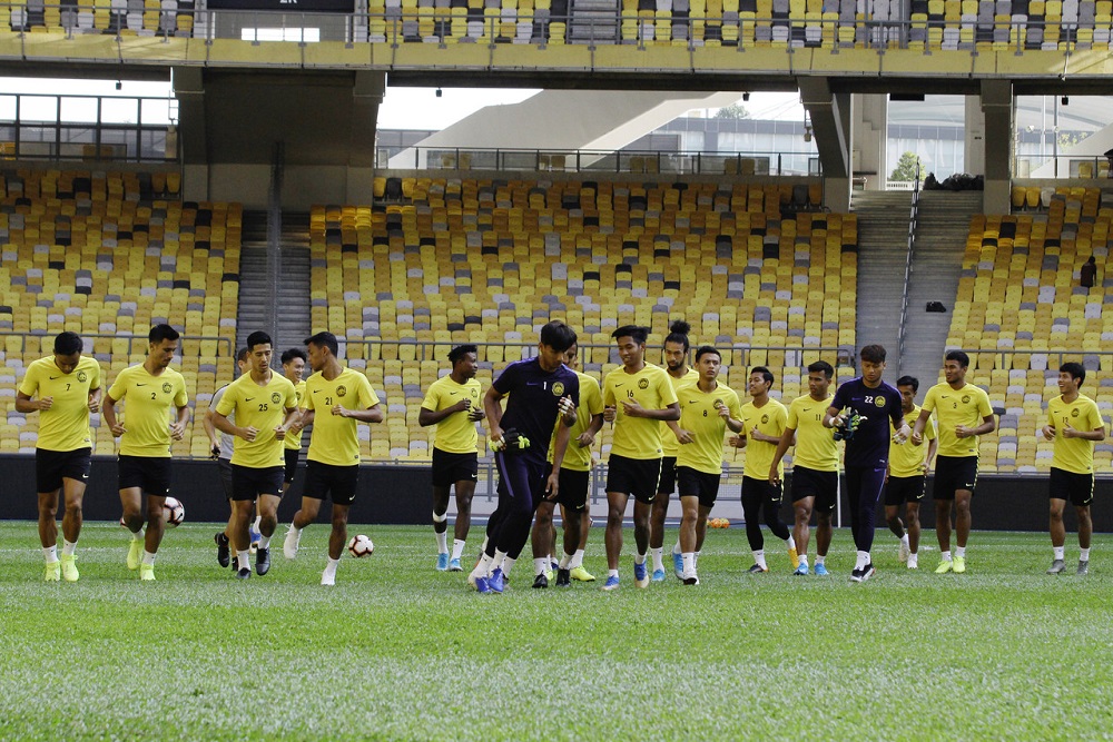 Harimau Malaya players are seen during their practice session ahead of their World Cup 2022/Asian Cup 2023 qualifier match against Indonesia at the Bukit Jalil stadium November 18, 2019. u00e2u20acu201d Bernama pic