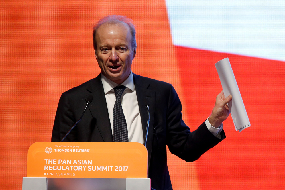 Ashley Alder, Chief Executive Officer of Hong Kong Securities and Futures Commission, addresses the Pan Asian Regulatory Summit by Thomas Reuters in Hong Kong, China October 10, 2017. u00e2u20acu201d Reuters pic 