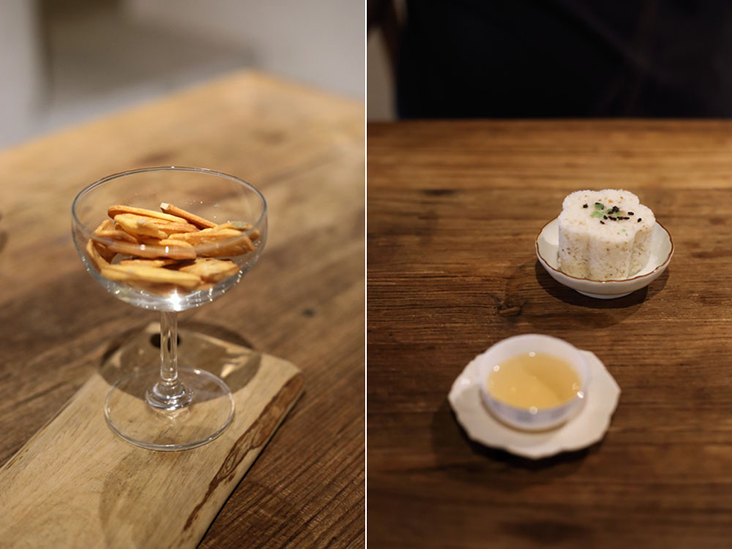 Handmade biscotti (left) and fluffy osmanthus rice flour cake filled with sesame paste (right) pair well with a light tea.