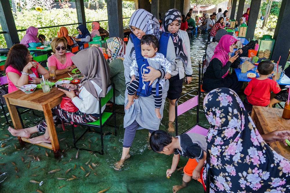 This picture taken on November 15, 2019 shows Indonesian diners having lunch while fish bite their feet at a fish pool restaurant at Wedomartani village in Yogyakarta. — AFP pic