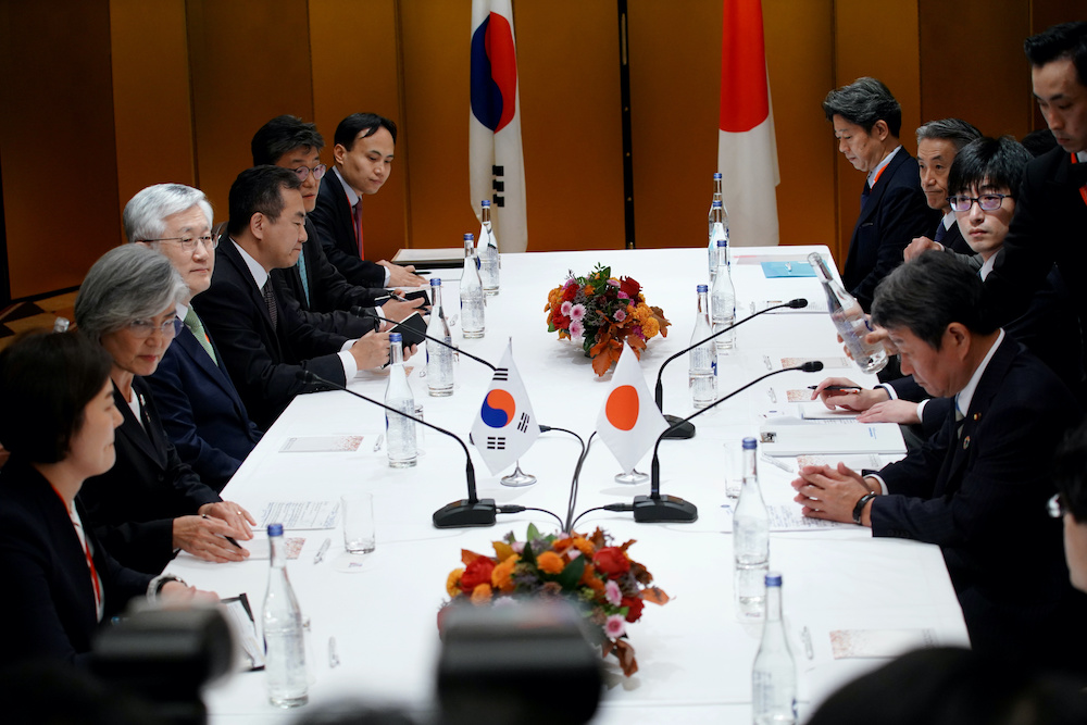 Japanu00e2u20acu2122s Foreign Minister Toshimitsu Motegi and South Koreau00e2u20acu2122s Foreign Minister Kang Kyung-wha attend a bilateral meeting before the G20 foreign ministers meeting in Nagoya, Japan November 23, 2019. u00e2u20acu201d Reuters pic