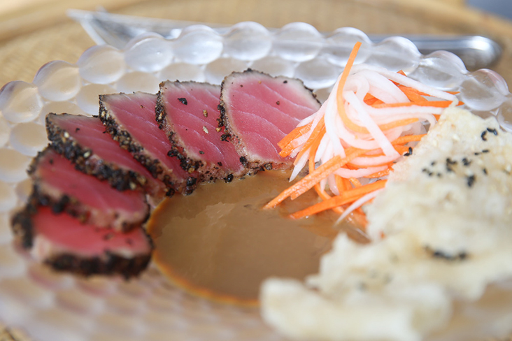 The tuna tataki paired with a lovely horseradish sauce and served with pickles and rice crackers is a delightful appetiser.
