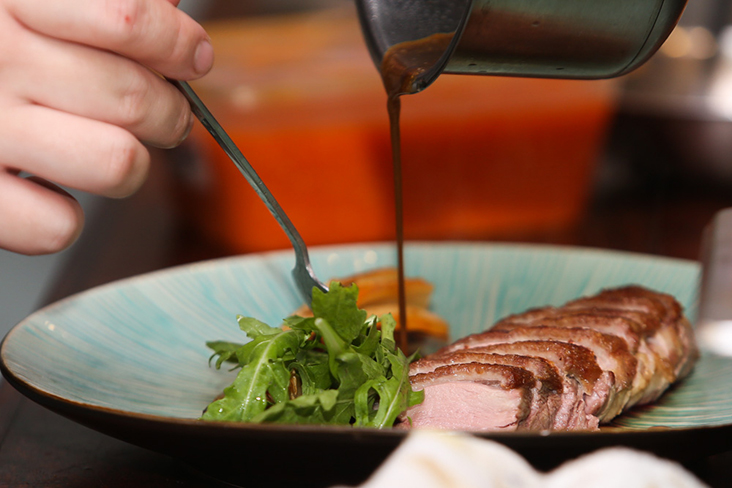 Sauces are prepared French style but Asian influenced like this one inspired by the Indonesian beef rawon stew.