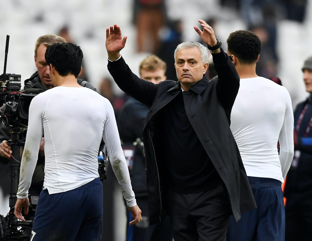 Tottenham Hotspur manager Jose Mourinho celebrates after the match with West Ham at the London Stadium in London, November 23, 2019. u00e2u20acu201d Reuters pic