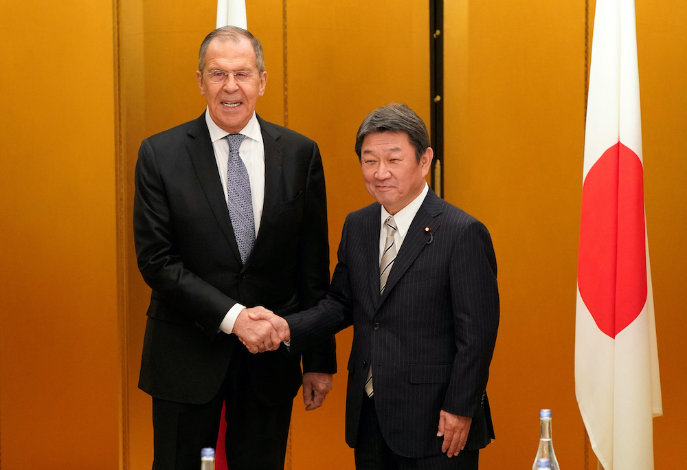 Japanese Foreign Minister Toshimitsu Motegi shakes hands with Russian Foreign Minister Sergei Lavrov at the start of a bilateral meeting ahead the G20 Aichi-Nagoya Foreign Ministersu00e2u20acu2122 meeting in Nagoya, Japan, November 22, 2019. u00e2u20acu201d Reuters picnn