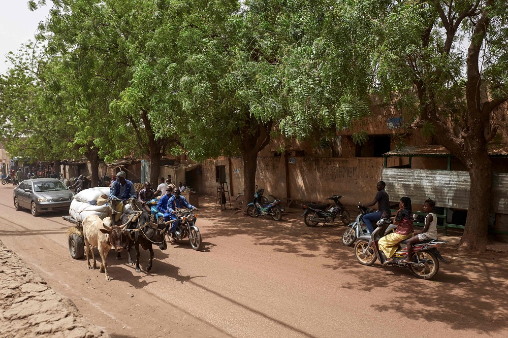 People ride their motorbikes past a man on a cows-driven cart, in a street of Mopti, Mali April 27, 2019. u00e2u20acu2022 AFP pic