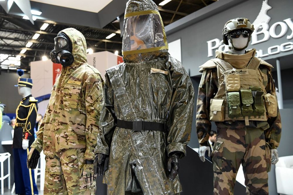 A photo taken on November 19, 2019 shows military uniforms on display at the 21th worldwide exhibition of internal State security (MILIPOL) in Villepinte, in the Paris suburbs. u00e2u20acu201d AFP pic