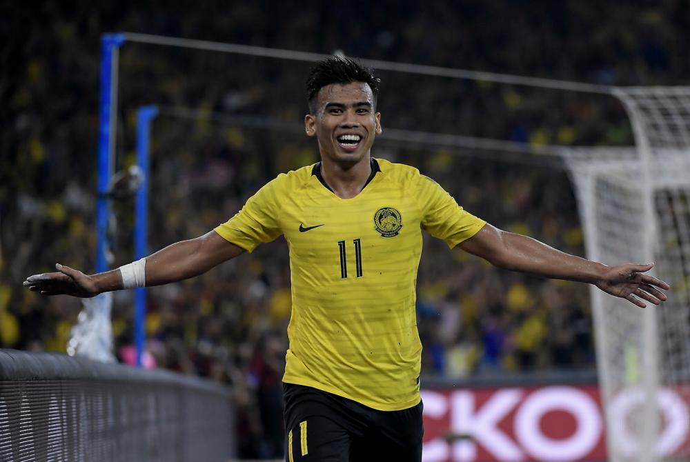 Muhammad Safawi Rasid celebrates after scoring a goal against Indonesia in the 2022 World Cup/2023 Asian Cup qualifiers in Bukit Jalil November 19, 2019. u00e2u20acu2022 Bernama pic
