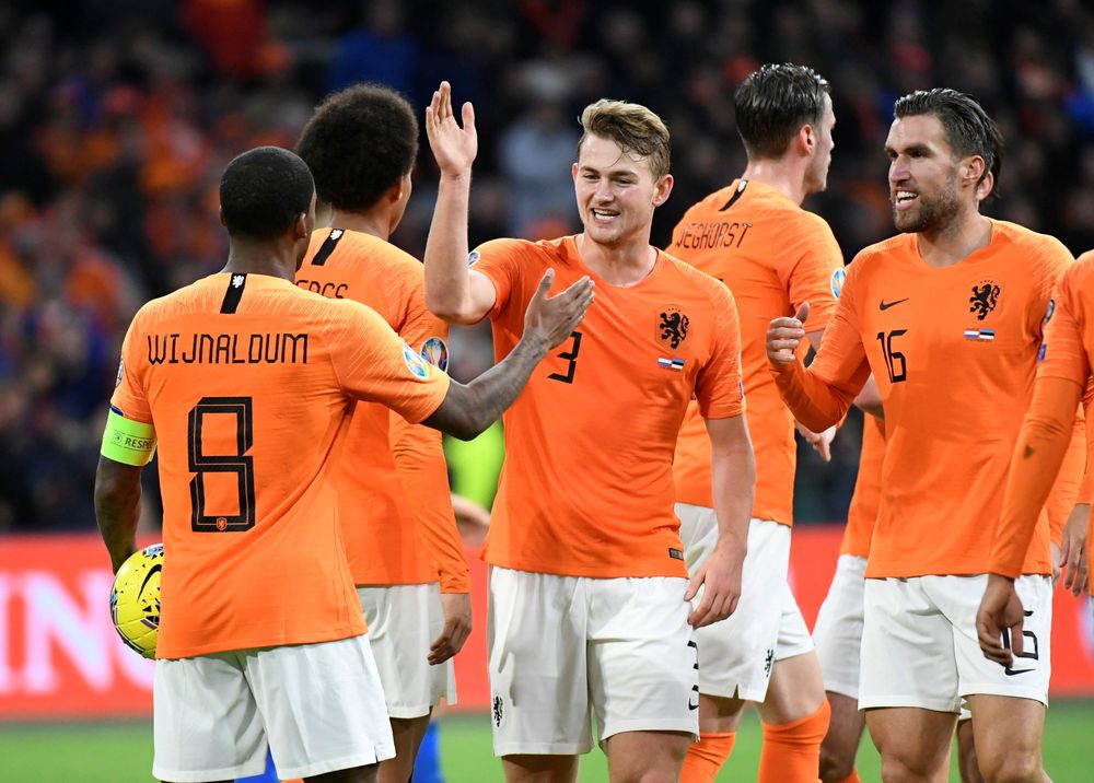 Netherlandsu00e2u20acu2122 Georginio Wijnaldum celebrates scoring their fourth goal with teammates during the Euro 2020 Qualifier Group C Netherlands v Estonia match in Johan Cruijff Arena, Amsterdam, November 19, 2019. u00e2u20acu201d Reuters pic