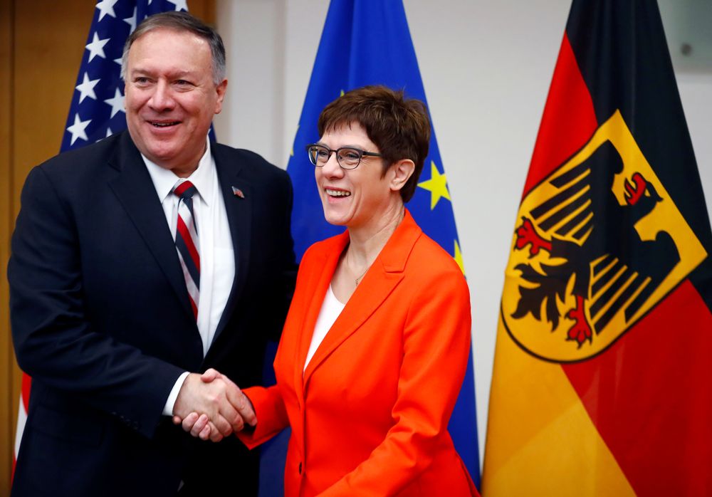 German Defence Minister Annegret Kramp-Karrenbauer shakes hands with US Secretary of State Mike Pompeo in Berlin, Germany November 8, 2019. u00e2u20acu201d Reuters pic