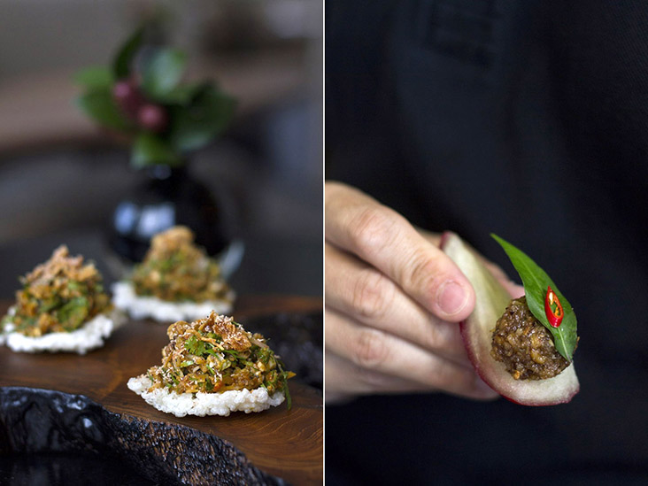 Roasted duck, nutmeg and sawtooth coriander served on rice crackers (left). Crispy baby smoked prawns served on rose apple (right).
