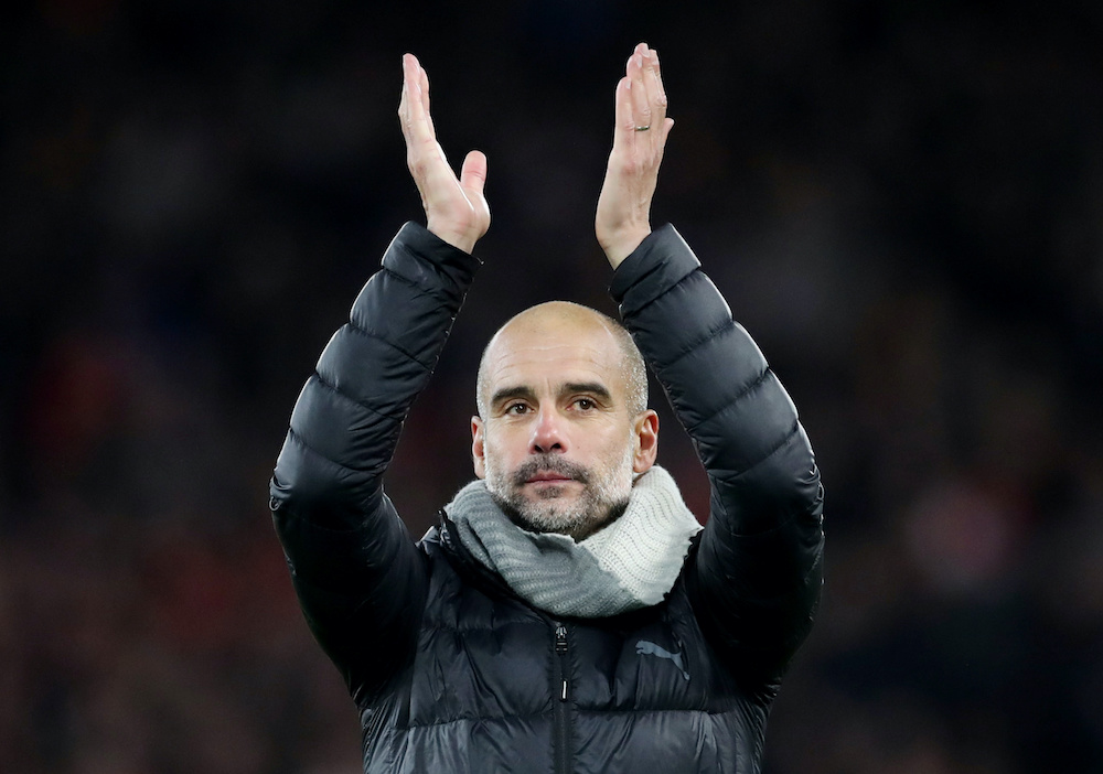 Manchester City manager Pep Guardiola applauds the fans after the match against Liverpool at Anfield in Liverpool, November 10, 2019. u00e2u20acu201d Reuters picnn