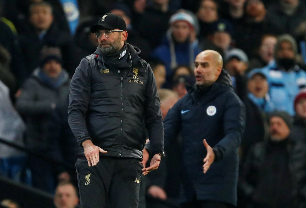 Liverpool manager Juergen Klopp looks on as Manchester City manager Pep Guardiola reacts during the Liverpool and Manchester City match at the Etihad Stadium in Manchester, January 3, 2019. u00e2u20acu201d Reuters pic