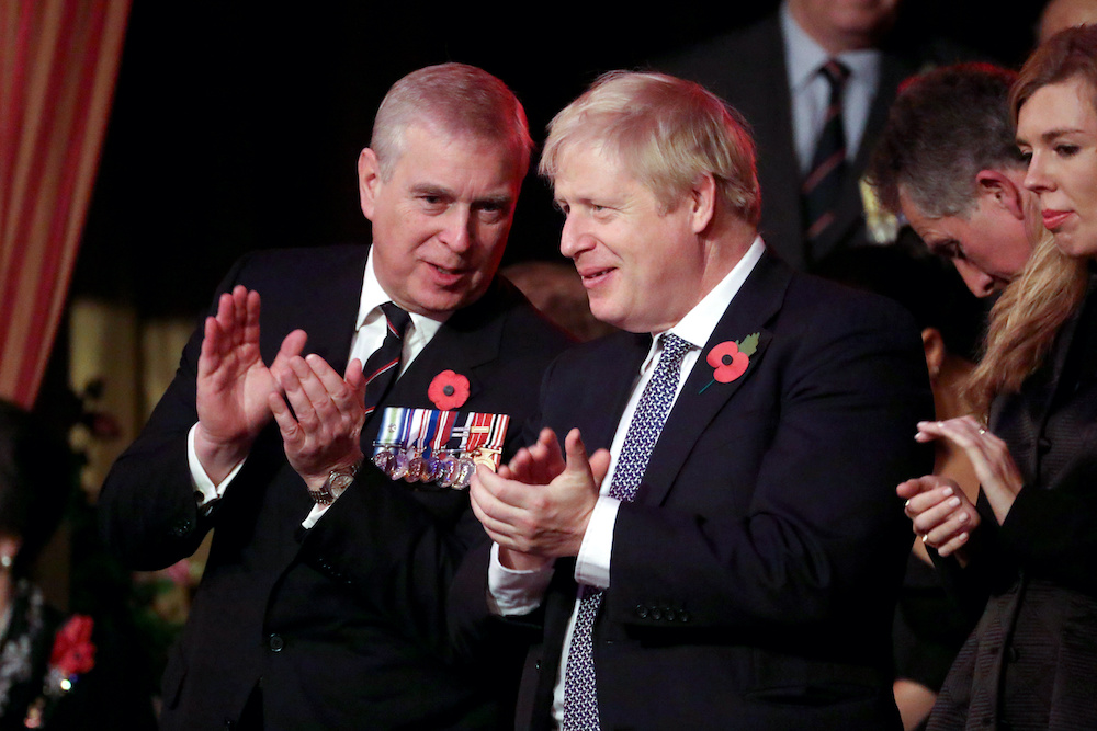Britainu00e2u20acu2122s Prime Minister Boris Johnson and Prince Andrew attend the Royal British Legion Festival of Remembrance at the Royal Albert Hall in London, Britain November 9, 2019. u00e2u20acu201d AFP