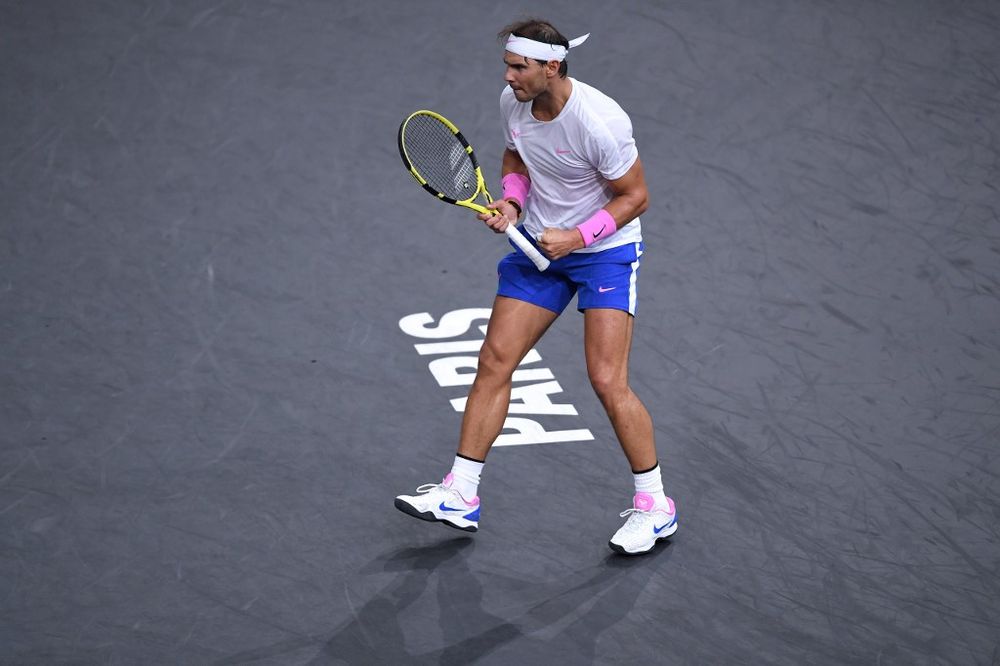 Rafael Nadal reacts after winning a point against  Jo-Wilfried Tsonga during their menu00e2u20acu2122s singles quarter-final tennis match at the ATP World Tour Masters 1000 tournament at The AccorHotels Arena in Paris, November 1, 2019. u00e2u20acu201d AFP pic