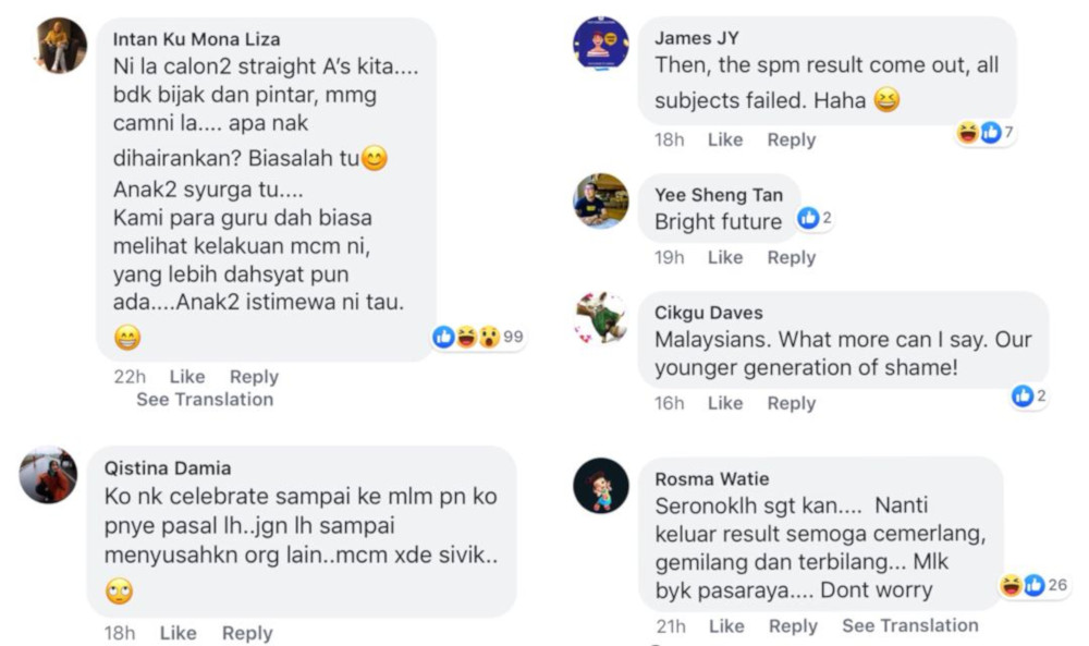 Social media users condemned the students for their inappropriate behaviour during their celebrations. — Screengrab via Facebook/Melaka Daily & We Are Malaysians