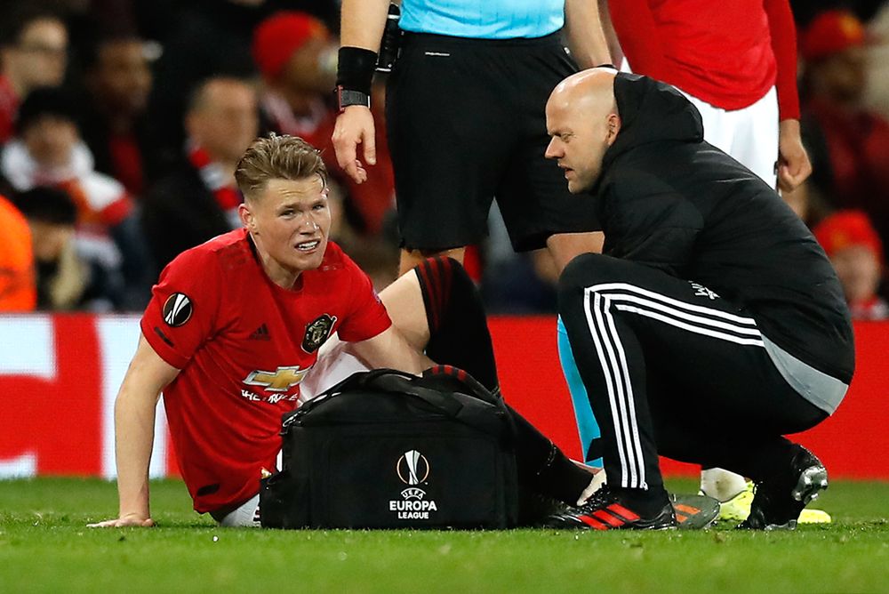 Manchester Unitedu00e2u20acu2122s Scott McTominay receives treatment for an injury during the Uefa Europa League Group L match at Old Trafford, Manchester, November 8, 2019. u00e2u20acu201d Reuter pic