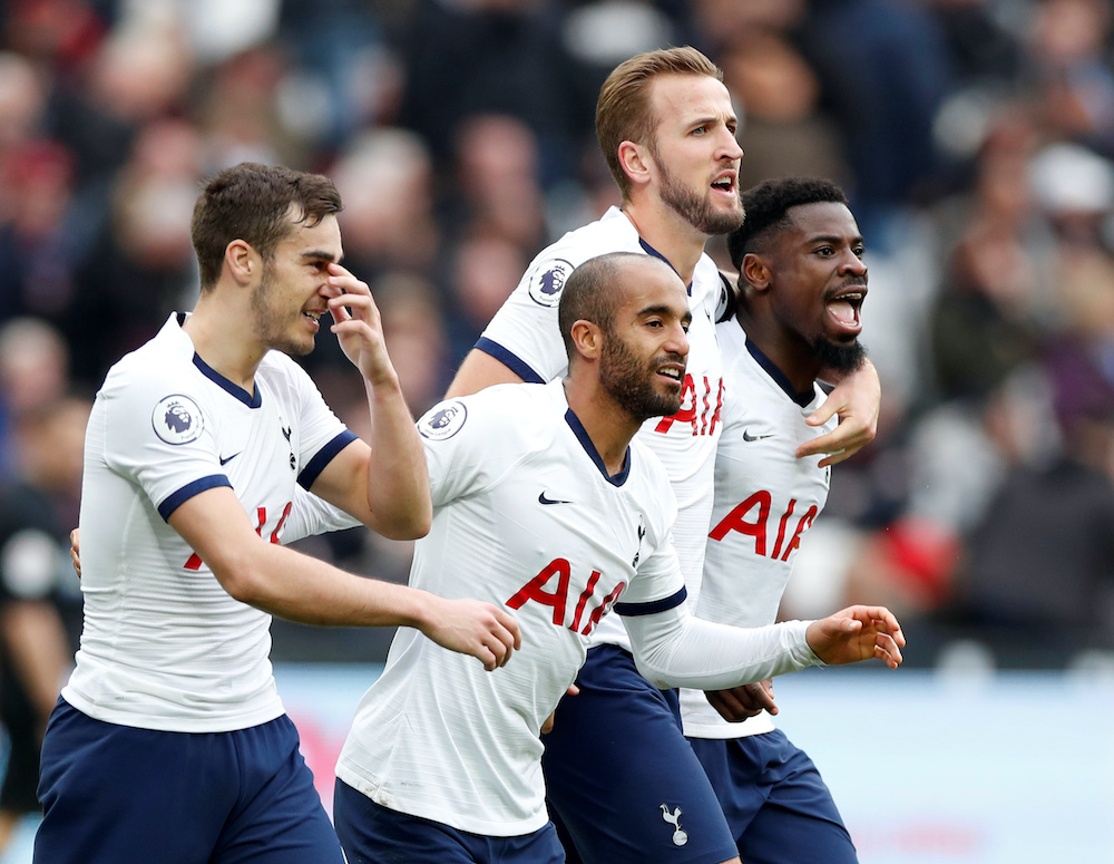 Tottenham Hotspuru00e2u20acu2122s Lucas Moura celebrates scoring their second goal with Harry Winks, Harry Kane and Serge Aurier during their match with West Ham at the London Stadium in London, November 23, 2019. u00e2u20acu201d Reuters picnn