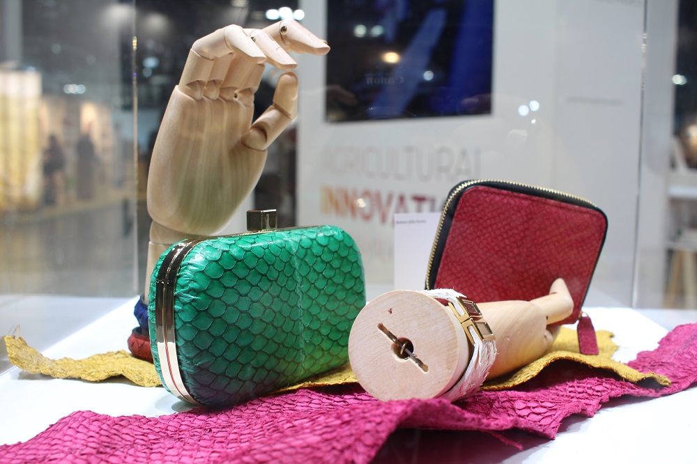Luxury handbags made with fish skin leather by Brazilian designer Barbara della Rovere, seen at the Seeds & Chips food summit in Milan, Italy May 6, 2019. u00e2u20acu2022 Thomson Reuters Foundation pic