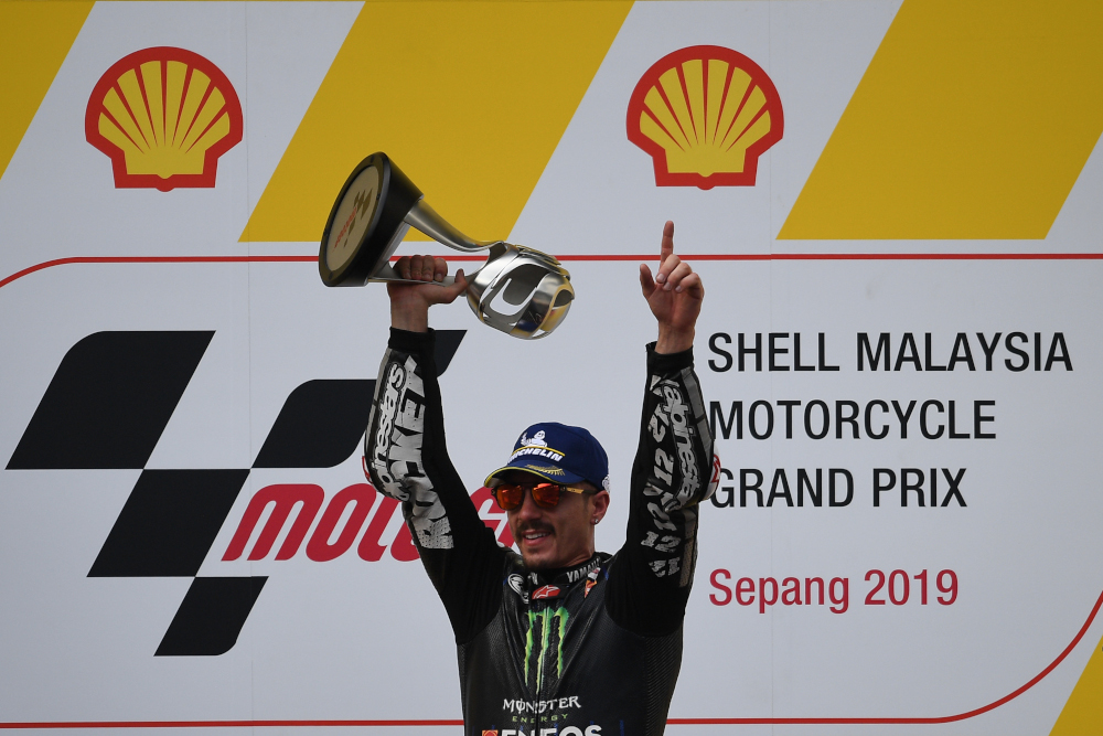 Monster Energy Yamahau00e2u20acu2122s Spanish rider Maverick Vinales celebrates his victory on the podium following the MotoGP-class Malaysian Grand Prix motorcycle race at the Sepang International Circuit in Sepang November 3, 2019. u00e2u20acu201d AFP pic