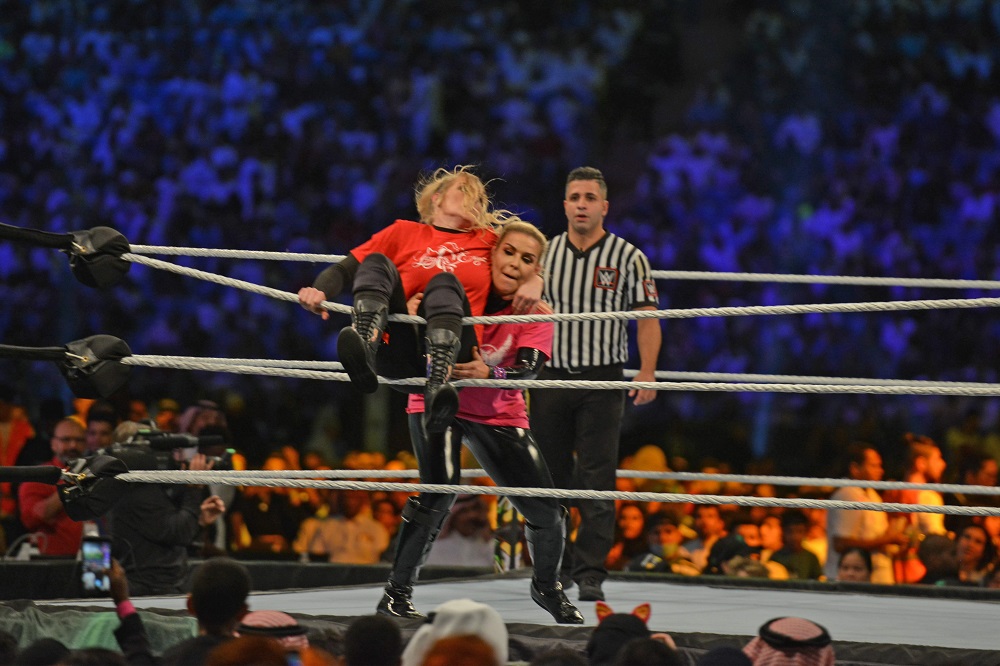 Lacey Evans (red) fights against Natalya during the World Wrestling Entertainment (WWE) Crown Jewel pay-per-view in Riyadh October 31, 2019. u00e2u20acu201d AFP pic         