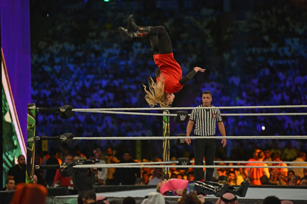 Lacey Evans (red) fights against Natalya during the World Wrestling Entertainment (WWE) Crown Jewel pay-per-view in Riyadh October 31, 2019. — AFP pic