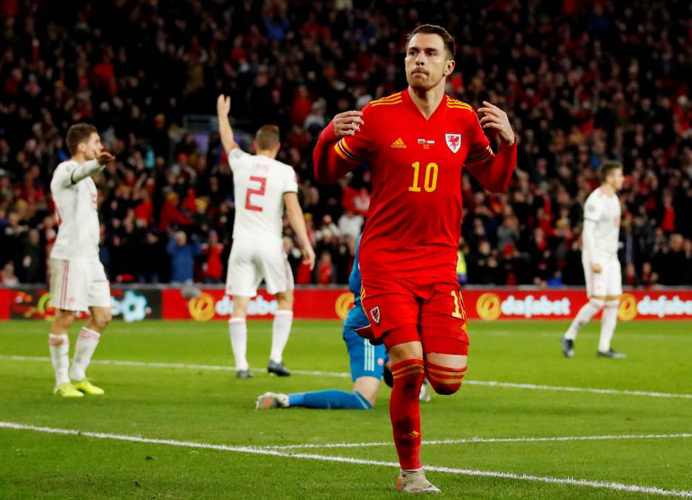 Wales' Aaron Ramsey celebrates after scoring the second goal against Hungary November 20, 2019. u00e2u20acu2022 Reuters pic