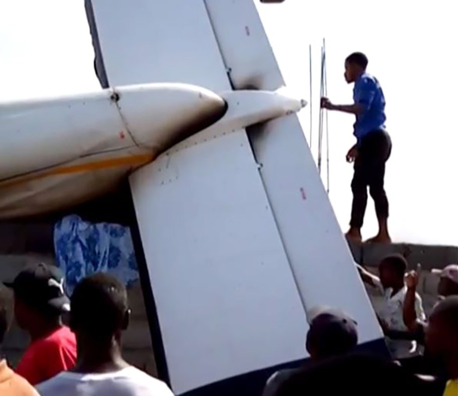 Wreckage of a plane after it crashed on takeoff into a densely populated area of Goma in the Democratic Republic of Congo November 24, 2019. u00e2u20acu201d Video grab image via AFP