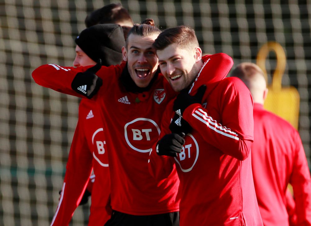 Wales' Gareth Bale and Ben Davies are pictured during training. u00e2u20acu201d Reuters pic