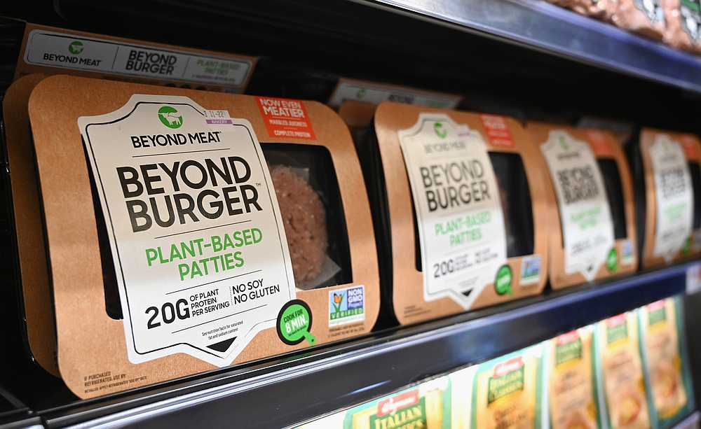 Beyond Meat 'Beyond Burger' patties made from plant-based substitutes for meat products sit on a shelf for sale. u00e2u20acu201d AFP pic