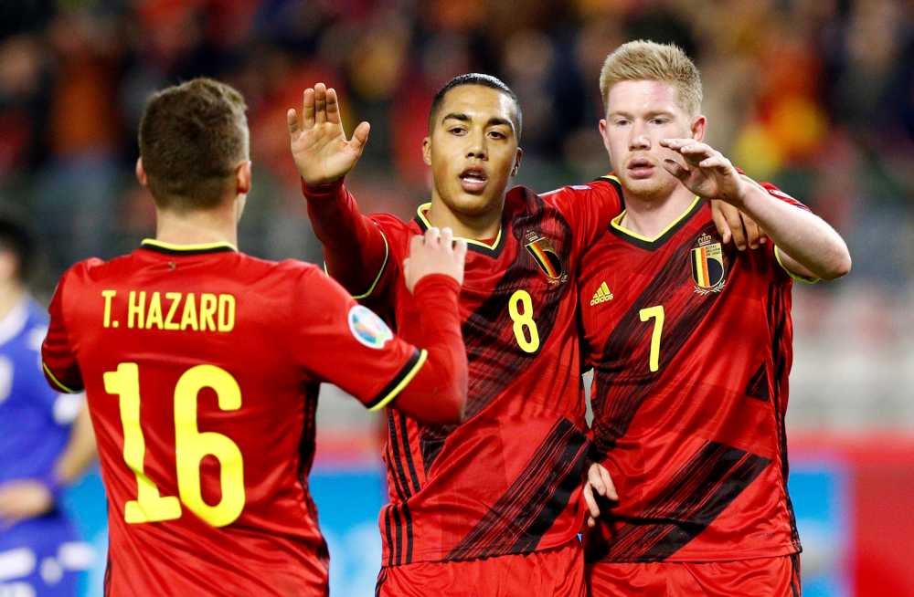 Belgium's Kevin De Bruyne celebrates with Youri Tielemans after scoring the third goal against Cyprus November 20, 2019. u00e2u20acu2022 Reuters pic