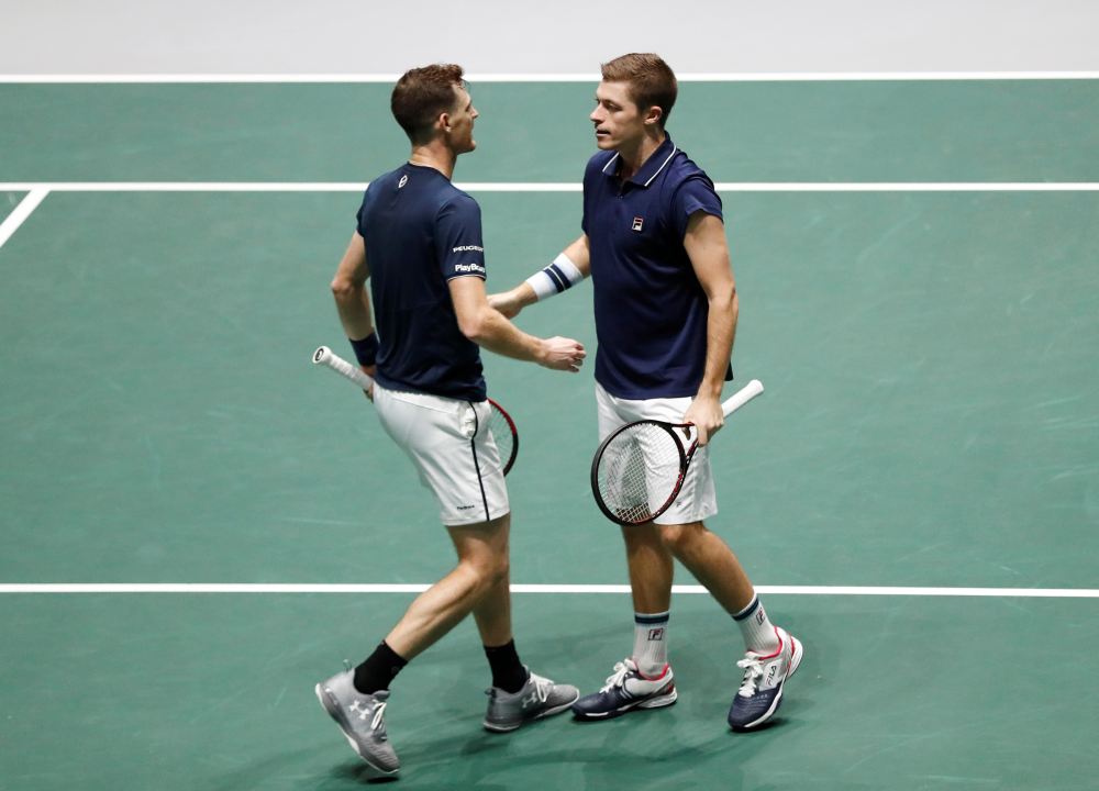 Britain's Jamie Murray and Neal Skupski celebrate winning their doubles match against Kazakhstan's Alexander Bublik and Mikhail Kukushkin in Madrid November 21, 2019. u00e2u20acu2022 Reuters pic