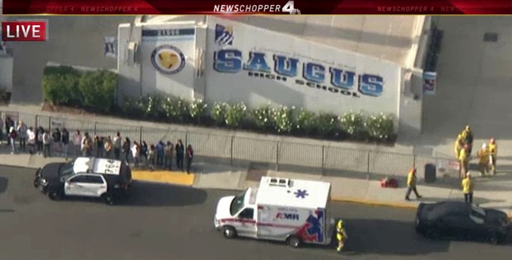Police and emergency vehicles on the scene of a shooting at Saugus high school in Santa Clarita, California November 14, 2019. — NBCLA video screenshot via Reuters