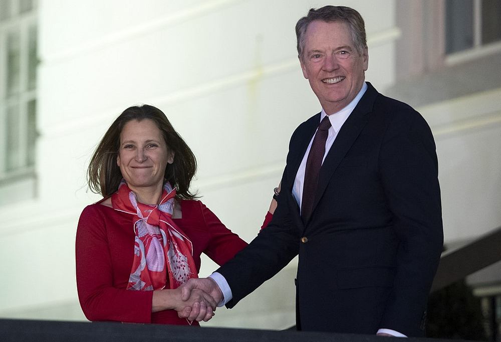 US Trade Representative Robert Lighthizer greets Canadian Deputy Prime Minister Chrystia Freeland at the Office of the US Trade Representative in Washington November 27, 2019. u00e2u20acu201d AFP pic