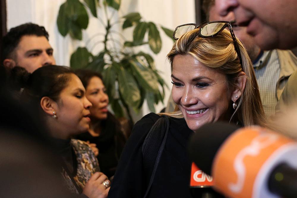Bolivian opposition leader and senator Jeanine Anez Chavez speaks to the media as she leaves the Congress building in La Paz, Bolivia November 11, 2019. u00e2u20acu201d Reuters pic