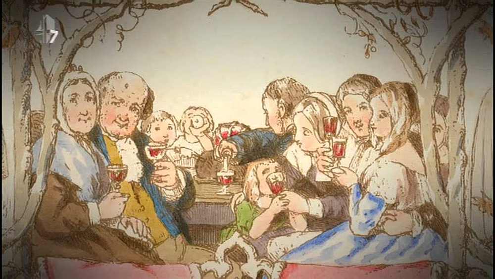 Image from the YouTube video: The world's first Christmas Card design u00e2u20acu201d made in 1843.