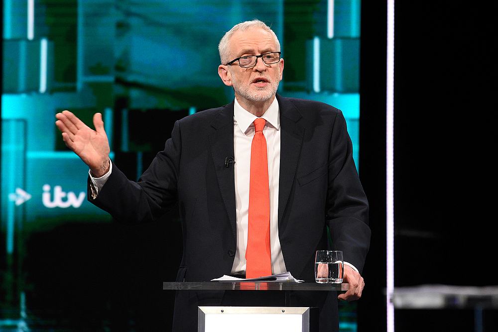 Labour leader Jeremy Corbyn speaks during a televised debate with Conservative leader Boris Johnson in London, Britain November 19, 2019. u00e2u20acu201d Jonathan Hordle/ITV handout via Reuters