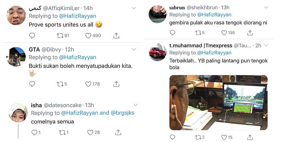 Social media users say how happy they were that the MPs put their differences aside as they rejoiced in the fact that Malaysia has taken the lead against Indonesia yesterday. — Screengrab via Twitter/@HafizRayyan
