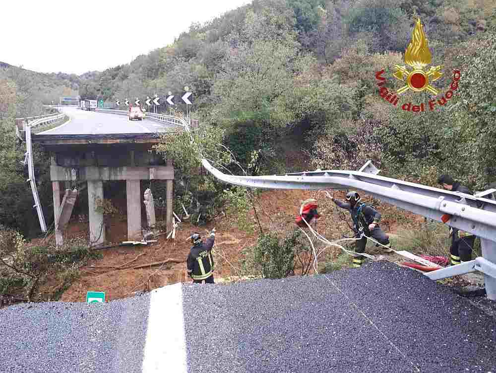 A portion of a motorway bridge linking Savona to Turin is seen after it collapsed due to a landslide near Savona, Italy, November 24, 2019. u00e2u20acu201d Vigili del Fuoco handout via Reuters 