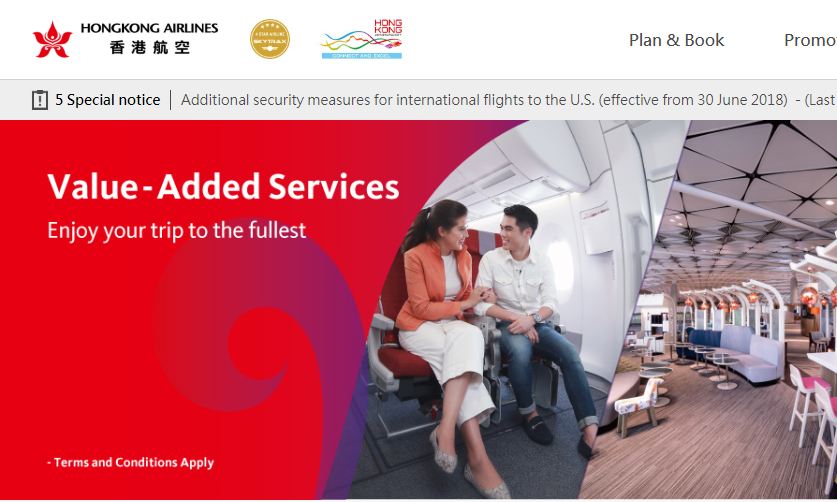 Screengrab from the low cost carrier Hong Kong Airlines internet portal www.hongkongairlines.com.