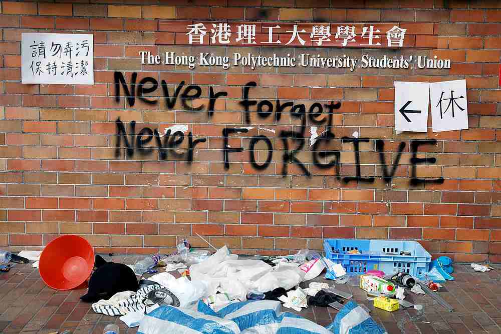 Graffiti is seen on a wall of the campus of the Polytechnic University in Hong Kong November 26, 2019. u00e2u20acu201d Reuters pic