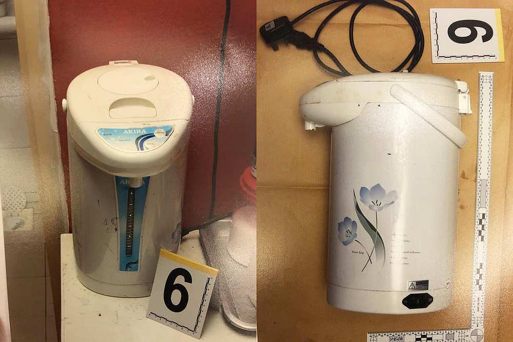 Pictures of a hot-water dispenser in the home of Ridzuan Mega Abdul Rahman. He and his wife are accused of murdering their five-year-old son by pouring hot water on him, among other abuses. u00e2u20acu201d Singapore court document via TODAY