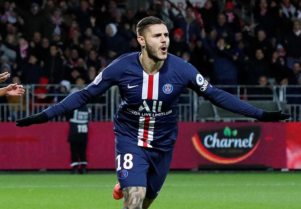 Paris St Germain's Mauro Icardi celebrates scoring their second goal in the French Ligue 1 match with Brest at the Stade Francis-Le Ble, Brest November 9, 2019. u00e2u20acu201d Reuters pic