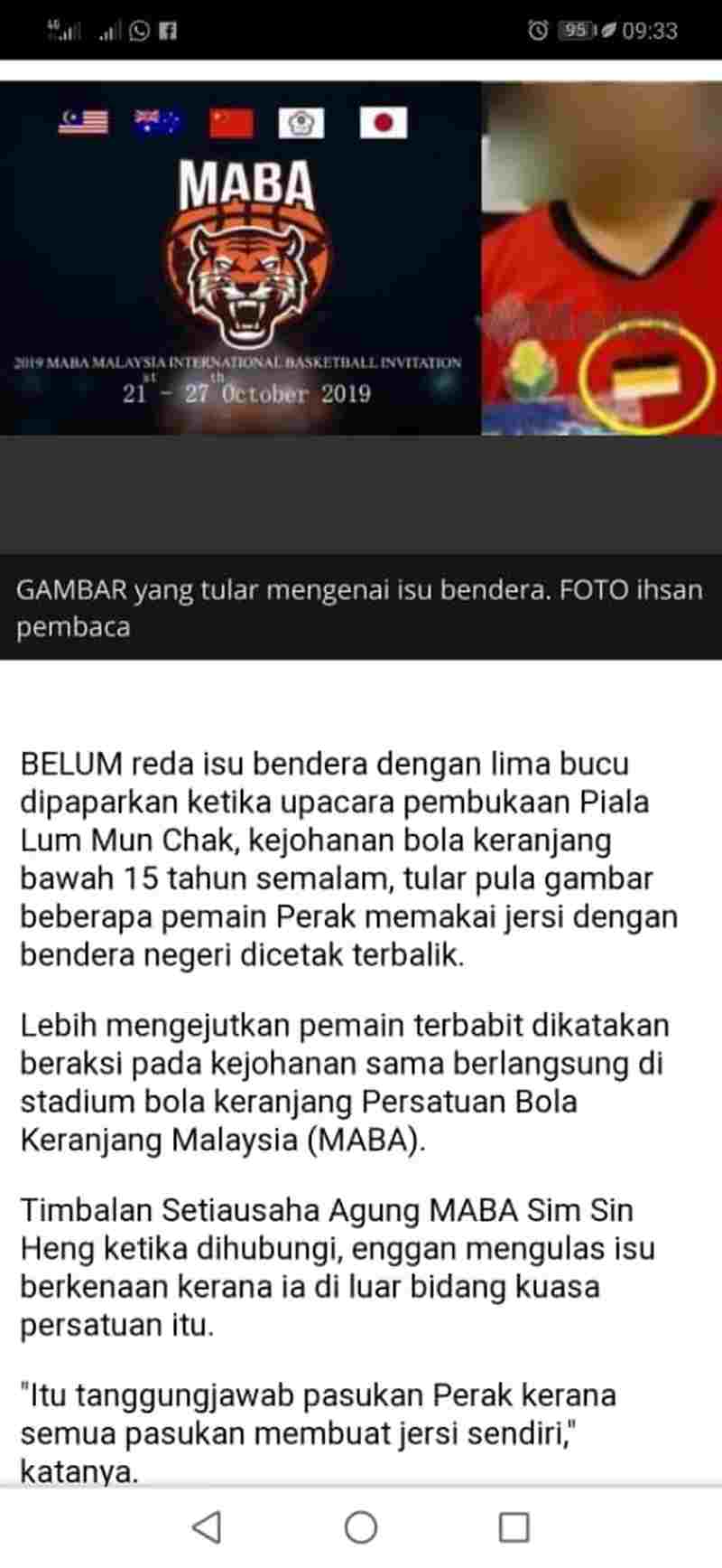 A picture of the Perak player wearing the number 10 jersey during the opening ceremony of the National Under-15 Basketball Championship had spread on social media. ― Picture courtesy of the PBA