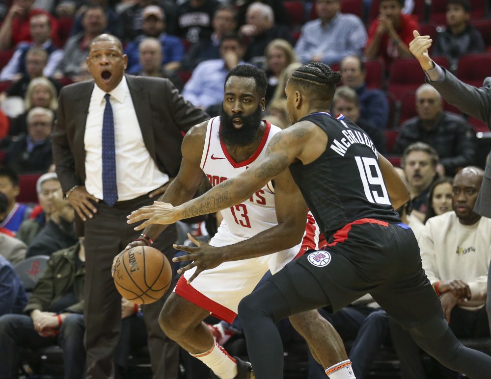 Houston Rockets guard James Harden (13) dribbles the ball against Los Angeles Clippers guard Rodney McGruder (19) during the third quarter at Toyota Centre. u00e2u20acu201d Reuters pic