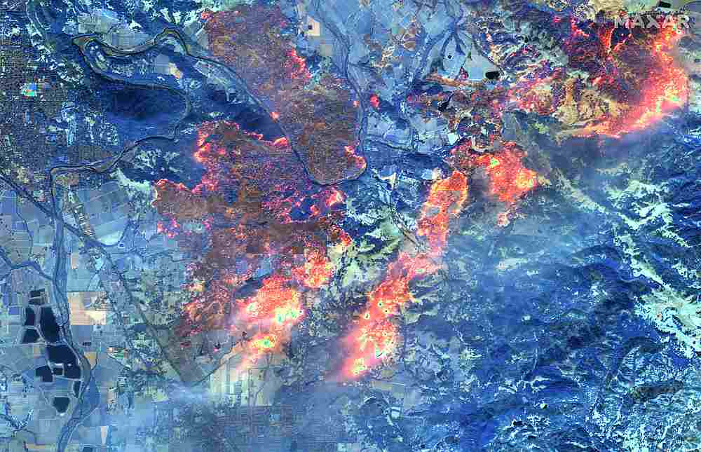 A shortwave infrared (Swir) satellite image shows the Kincade fire near Healdsburg, California October 27, 2019. u00e2u20acu201d Maxar Technologies image via Reuters